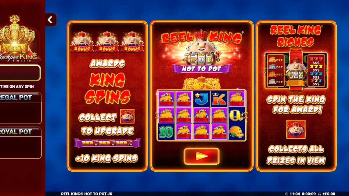 Ang Reel King: Hot to Pot slot machine na may mga klasikong fruit symbols at royal crown elements.