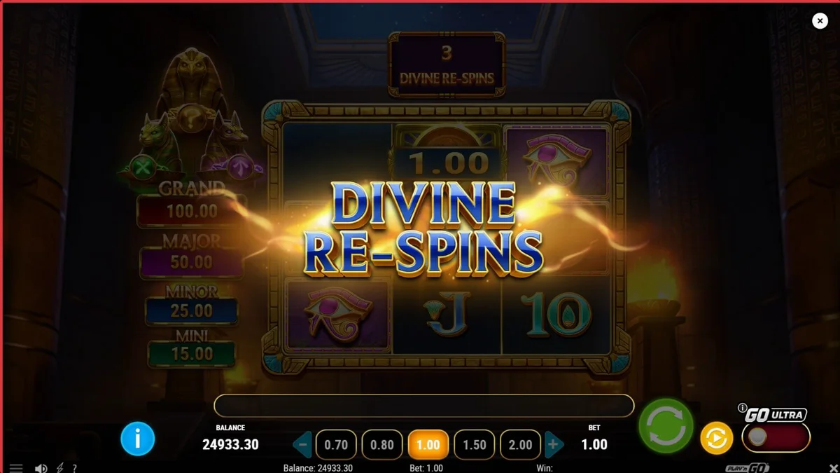 Temple of Three slot machine interface na may temang Ehipto